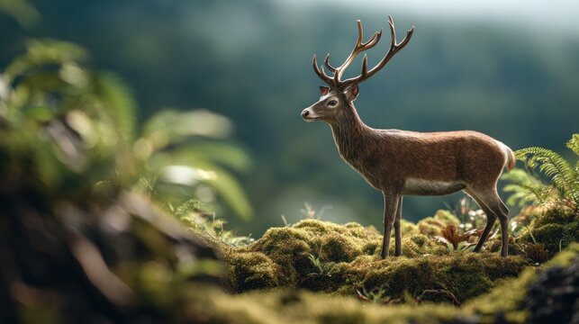 Majestic stag stands tall in a verdant, mossy forest habitat at dawn - Powered by Adobe