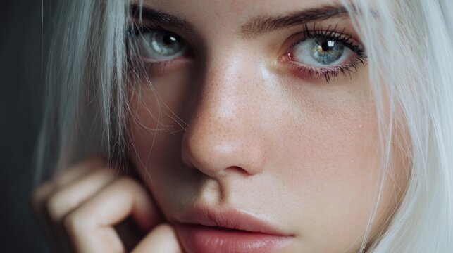 Intense gaze of a fair-skinned woman with silver hair in a close-up portrait