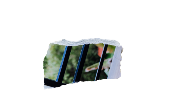 Fragmento de papel rasgado revelando barras metálicas y fondo natural desenfocado