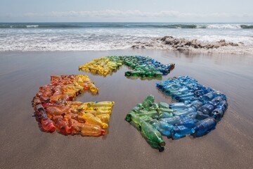Plastic bottles forming recycling symbol on ocean beach