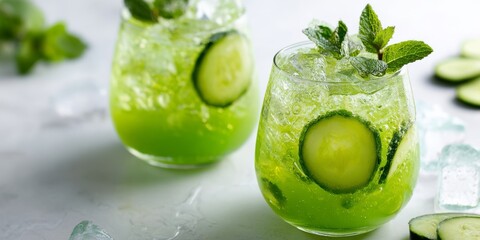 Cucumber mint detox drink with ice and mint