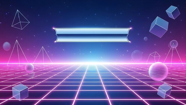 Retro synthwave vector artwork for New Year theme, neon grid floor, glowing horizon, abstract geometric