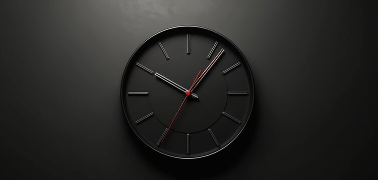 Minimalist black wall clock shows 11 30 with red second hand. Clean design, modern analog face, round dial, simple markers indicate time. Precise measurement against dark backdrop.