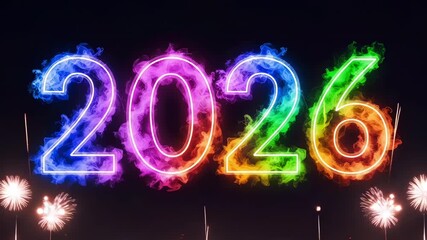 Fireworks smoke trails blending into the text 2026 with neon highlights for a vibrant festive happy new year scene