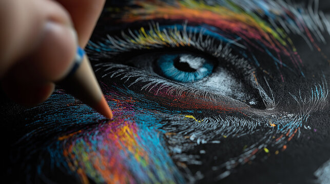 striking crayon drawings of vibrant colors on white paper , artist creates mesmerizing pencil sketches using bright to draw a eye