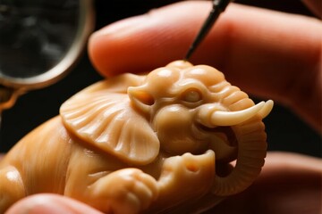 Close-up of a hand carving a detailed elephant figurine from ivory-like material using a fine tool