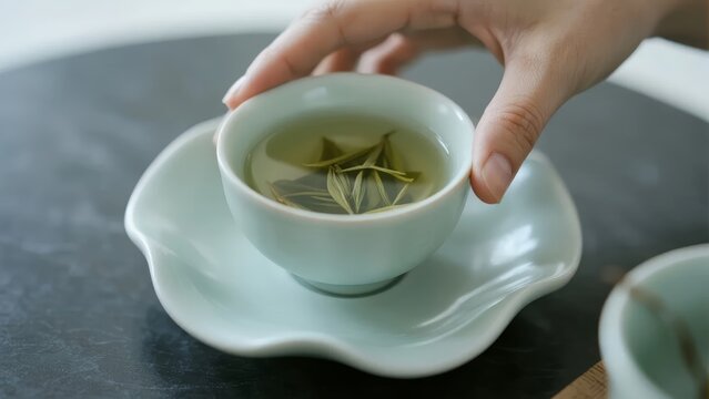 Hand holding a cup of green tea with visible leaves in a ceramic teacup on a saucer - Powered by Adobe