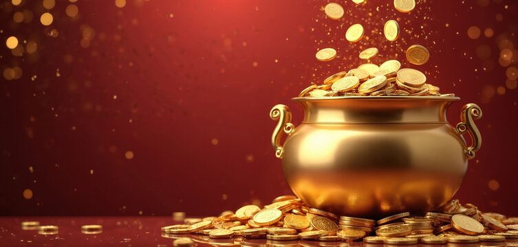 Golden pot overflows with shiny gold coins. Many coins fall from above into pot, spill onto red surface. Image represents wealth, fortune, prosperity, great financial success. Shows abundance,