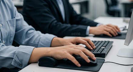 Close-up of hands typing on computer keyboard and using mouse