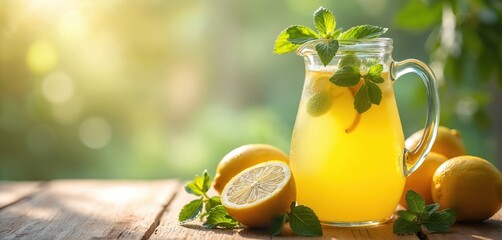 Pitcher of lemonade with lemons and mint on a wooden table in natural daylight. Refreshing citrus drink with ice. Healthy beverage for summer refreshment. Juicy cool refreshment served outdoors.