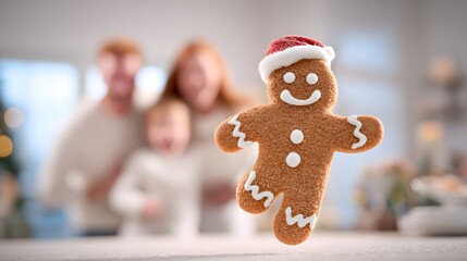 Gingerbread cookie standing proudly with festive family blurred behind