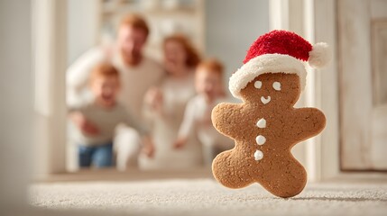 Gingerbread cookie standing proudly with festive family blurred behind
