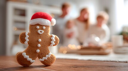 Gingerbread cookie standing proudly with festive family blurred behind