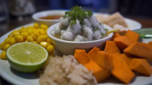 Asian snack plate with sweet corn, tapioca and lime garnish.