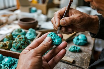 Artisan carving intricate designs into a turquoise-colored stone using a fine tool in a workshop setting.