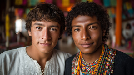 Authentic portrait of two young men celebrating their cultural heritage at the vibrant Fiesta al Se&ntilde;or de los Rayos, Jalisco, a traditional festival