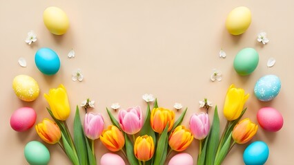 Vertical top view of colorful Easter eggs and tulips on pastel beige background with copy space, spring holiday decoration concept
