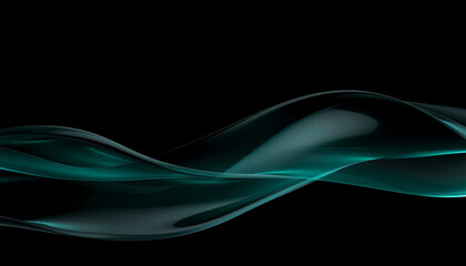 A flowing, translucent teal abstract wave shape against a dark black background, creating a sense of movement and elegance.
