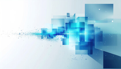 Dynamic abstract composition featuring glowing blue and cyan geometric shapes and scattered particles on a light gradient background.
