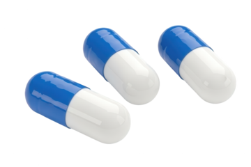 Three blue and white pharmaceutical capsules float against a dark background