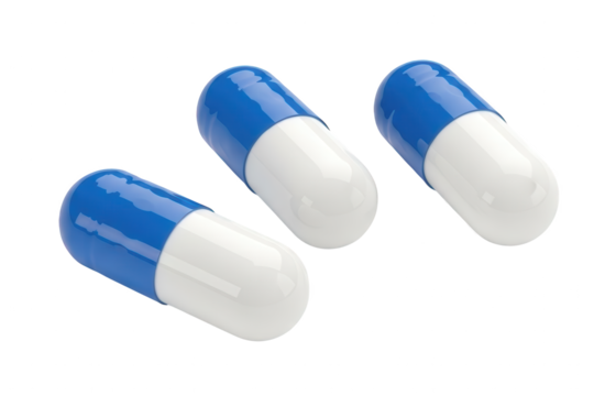 Three blue and white pharmaceutical capsules float against a dark background
