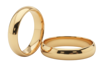 Two polished golden bands rest against a dark background highlighting their reflective surfaces