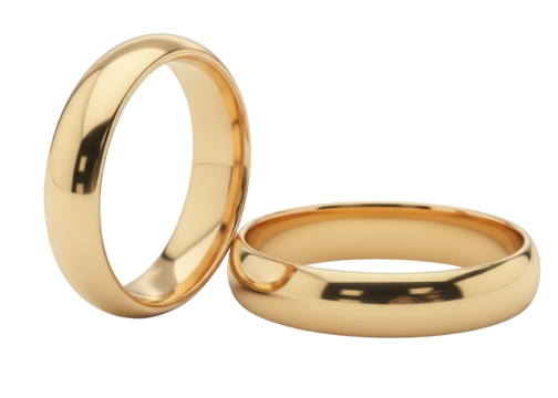 Two polished golden bands rest against a dark background highlighting their reflective surfaces