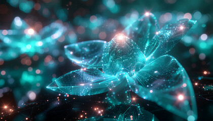 Close-up of ethereal glowing crystalline lotus flowers with sparkling light effects and bokeh background.