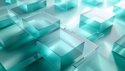A close-up view of numerous translucent teal glass cubes and blocks arranged geometrically on a reflective surface.