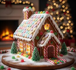 Maison en pain d'&eacute;pices avec une d&eacute;coration de No&euml;l en arri&egrave;re-plan