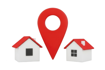 Giant red location pin signifies direction or position between two miniature residential buildings