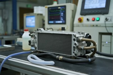 Industrial heat exchanger unit connected to hoses on laboratory workbench with monitoring equipment in background
