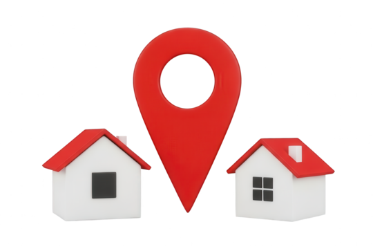Giant red location pin signifies direction or position between two miniature residential buildings