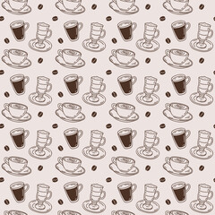 Seamless pattern with hand-drawn assorted coffee drinks on beige background. Vector outline style print.