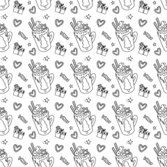 Seamless pattern with hand-drawn Christmas mugs, gifts and hearts on white background. Vector festive holiday background. 