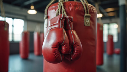 Red boxing gloves hang on a heavy bag inside a gym. Multiple sandbags are visible in the background. This equipment is used for combat sports training and fitness.