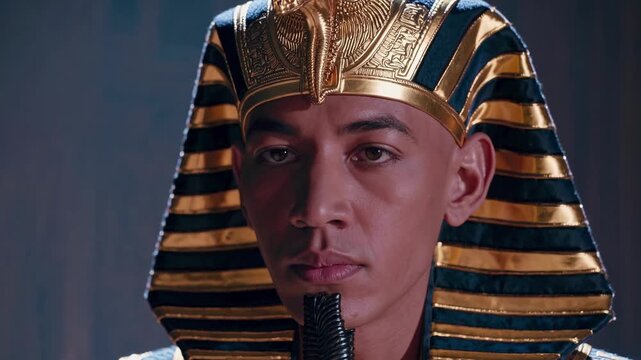 A dramatic low-angle video shot of an ancient Egyptian pharaoh statue in a dimly lit temple, highlighting intricate hieroglyphs and grand columns.