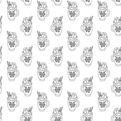 Seamless pattern with hand-drawn winter hot chocolate mugs on white background. Vector festive holiday background.