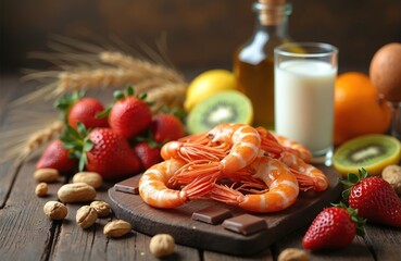 Heap of cooked shrimps beside fresh strawberries and nuts on wooden table with milk and fruits. Ingredients related to food intolerance or common allergens for healthy diet awareness.