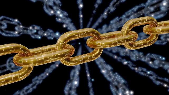 Gold chain link with glowing circuit pattern and streaming particle trail dark space golden chain link glowing circuit pattern sparkling cosmic