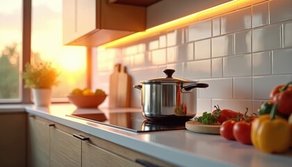 Warm kitchen scene at sunset features stainless steel pot, colorful fresh vegetables on wooden countertop. Natural light illuminates modern interior creating calm, inviting atmosphere for home