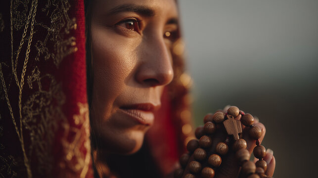 Devout Woman Praying with Rosary Beads during Fiestas Virgen de Guadalupe in Jalisco, Mexico, Embracing Spiritual Tradition and Cultural Heritage