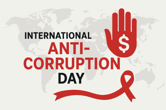 International Anti-Corruption Day Vector Graphic with Raised Hand and Ribbon on World Map Background
