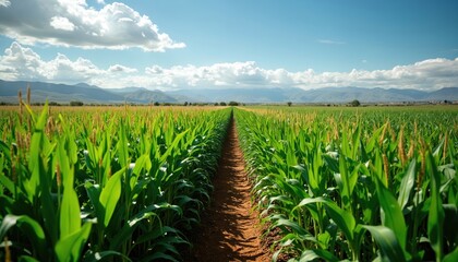 Green corn field with clear blue sky and mountains. Lush maize plantation with rural path. South african countryside landscape. Agriculture and agronomy. Maize crop farmland on sunny day.