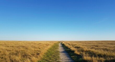 Expansive Golden Grass Field with Winding Path Under Blue Sky