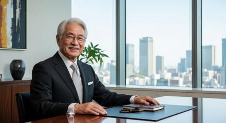 Mature executive sits confidently at polished desk in highrise office overlooking urban skyline
