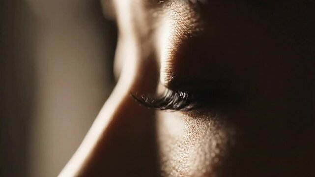 Close-up profile of a woman's eye with dramatic lighting highlighting eyelashes and skin texture