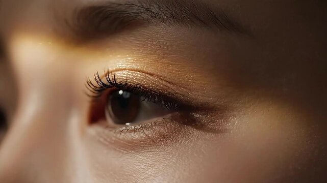 Close Up Side Profile of a Woman's Eye with Golden Glitter Eyeshadow and Dramatic Lighting