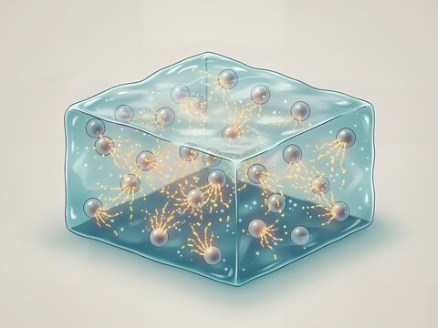 Muon-catalyzed fusion (?CF) conceptual illustration: subatomic muon particles facilitating low-temperature nuclear fusion within a crystal lattice, generating energy bursts.
