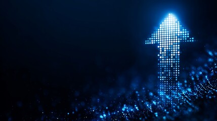 Abstract Blue Arrow Upward Made of Digital Blocks on Dark Background